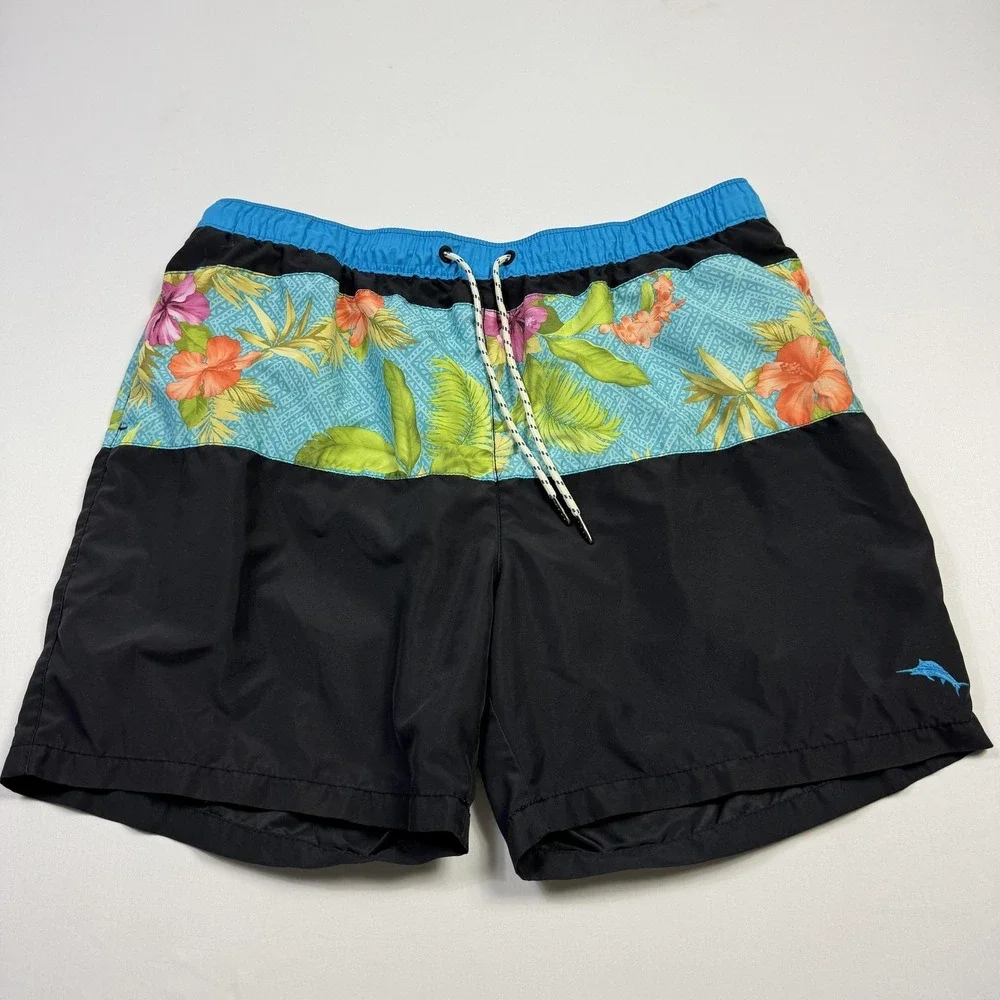 Tommy Bahama Relax Shorts Mens XL Black Hawaiian Floral Swim Trunks Mesh Lined‎